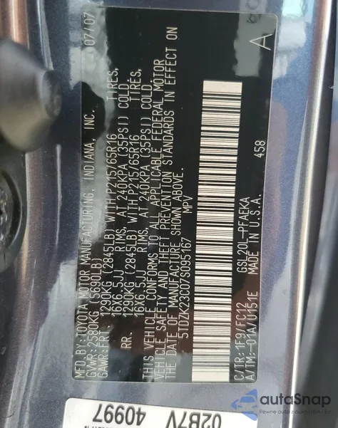 2007 Toyota Sienna Ce из США, поврежденный, VIN 5TDZK23C07S095167